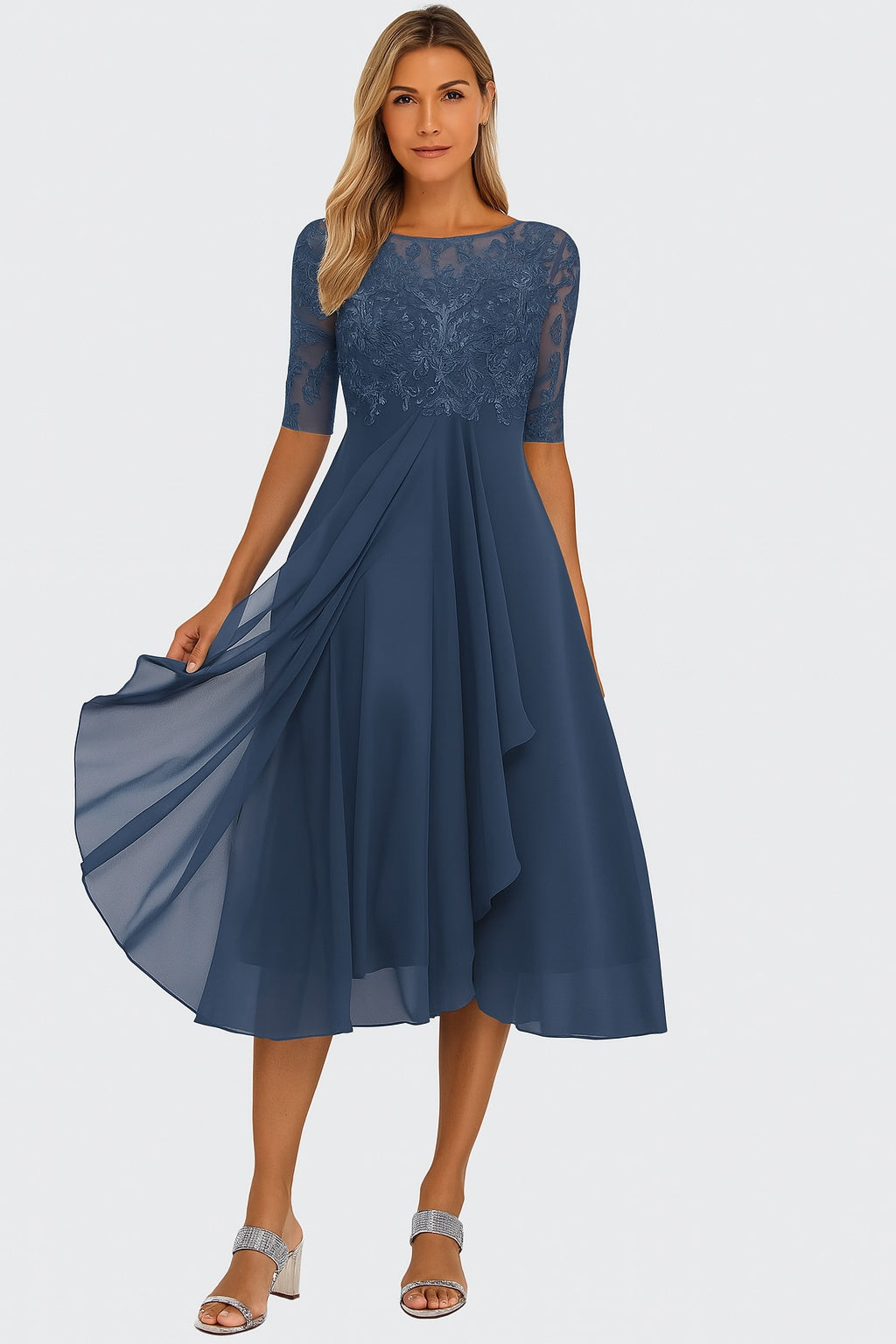 Women's Lace Midi Cocktail Dress with Draped Skirt