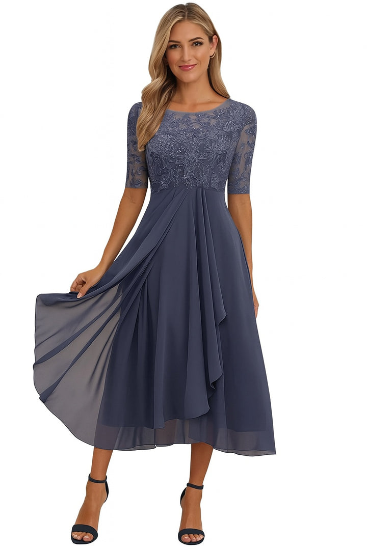 Women's Lace Midi Cocktail Dress with Draped Skirt