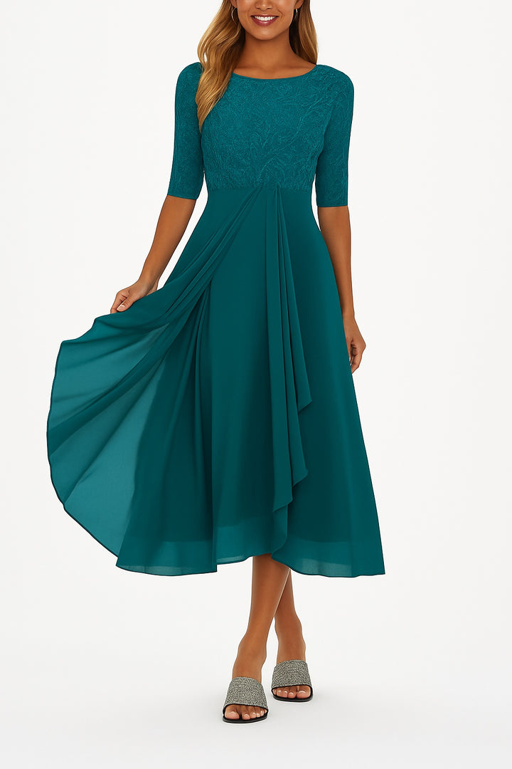 Women's Lace Midi Cocktail Dress with Draped Skirt