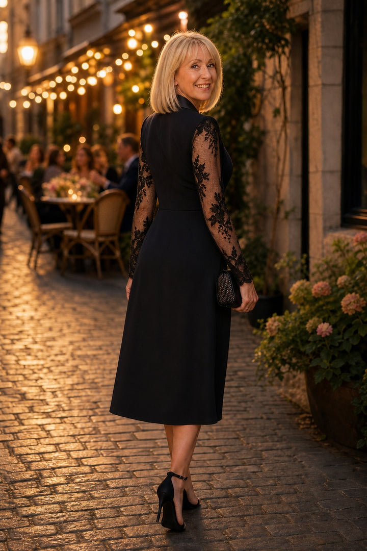 Women's Lace Sleeve Cocktail Dress with Blazer Collar