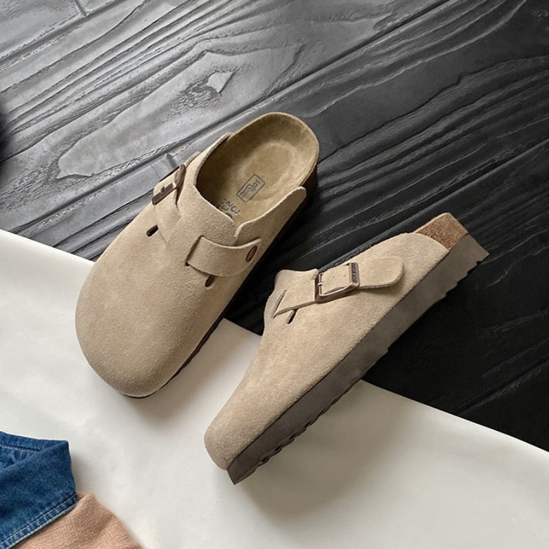 Women's Leather Closed Toe Clogs with Buckle Strap