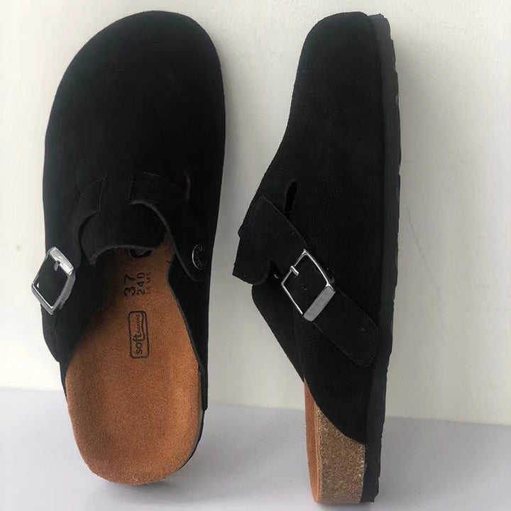 Women's Leather Closed Toe Clogs with Buckle Strap