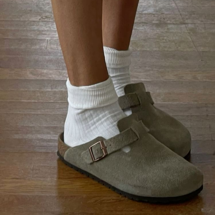 Women's Leather Closed Toe Clogs with Buckle Strap