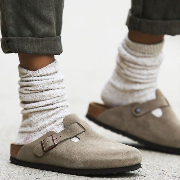 Women's Leather Closed Toe Clogs with Buckle Strap