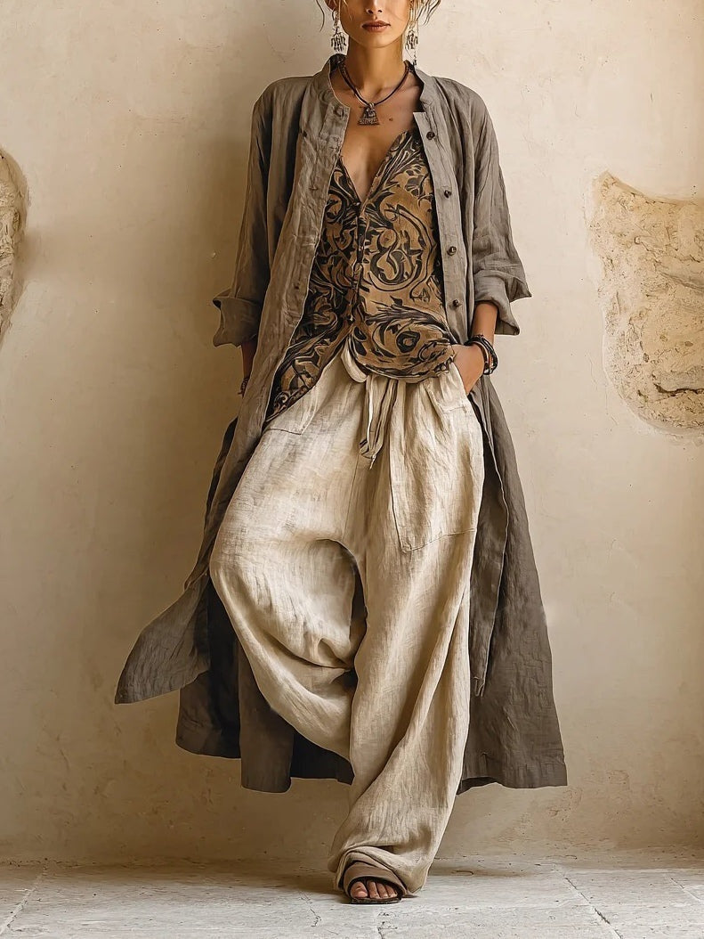 Women's Linen Co Ord Set with Wide Leg Pants and Long Cardigan