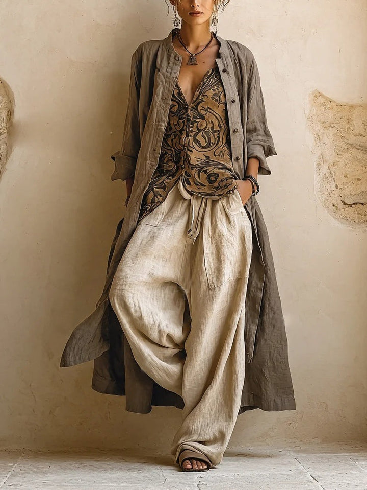 Women's Linen Co Ord Set with Wide Leg Pants and Long Cardigan