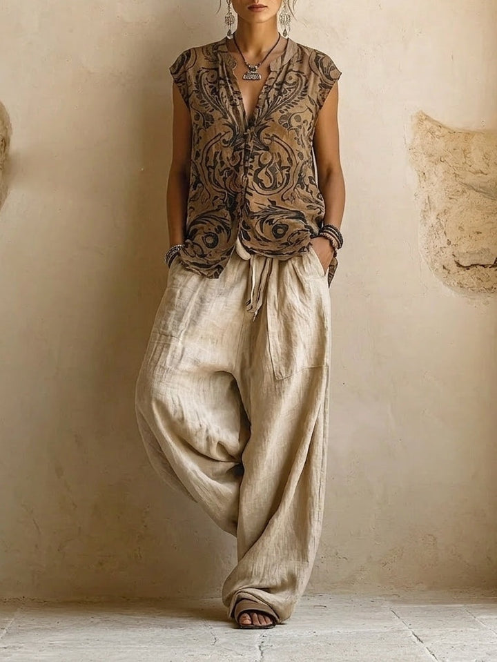 Women's Linen Co Ord Set with Wide Leg Pants and Long Cardigan