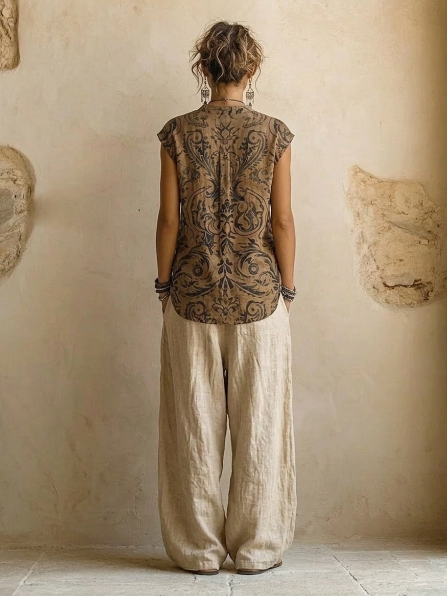 Women's Linen Co Ord Set with Wide Leg Pants and Long Cardigan