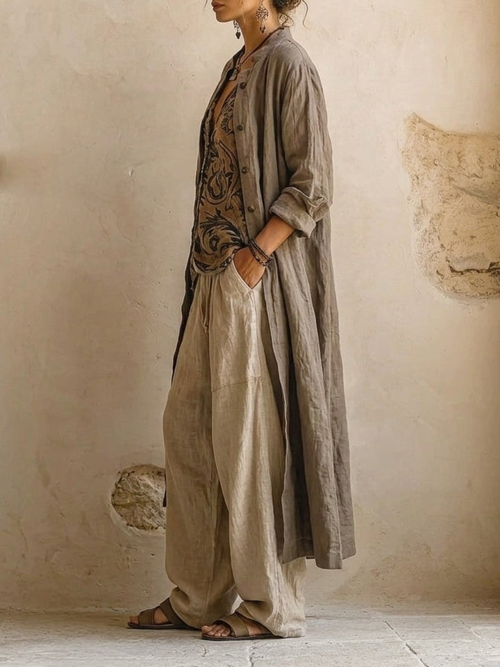 Women's Linen Co Ord Set with Wide Leg Pants and Long Cardigan