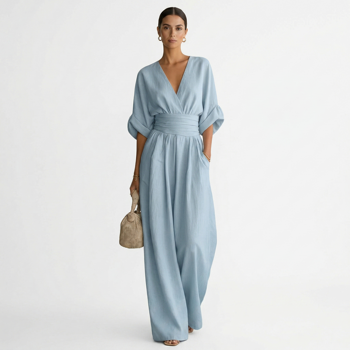 Women's Linen Jumpsuit Wide Leg with V Neck