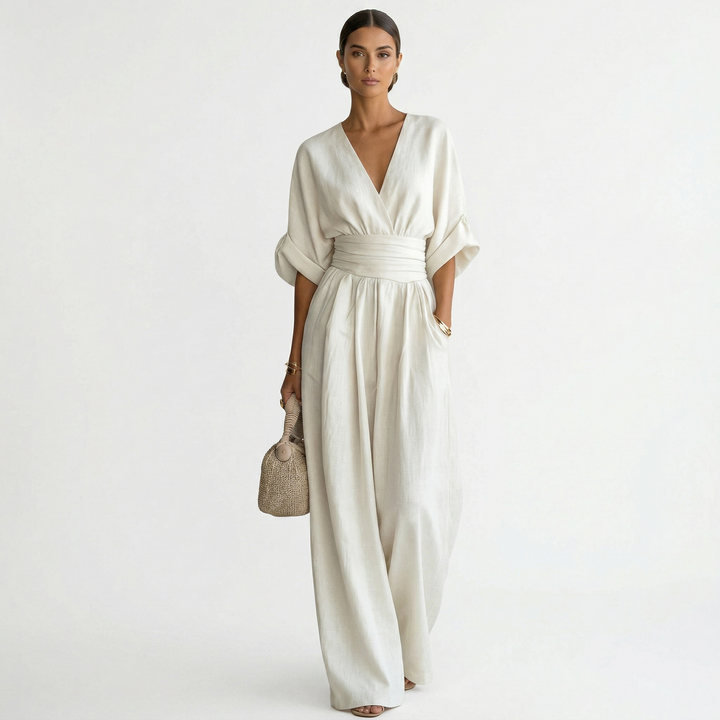 Women's Linen Jumpsuit Wide Leg with V Neck