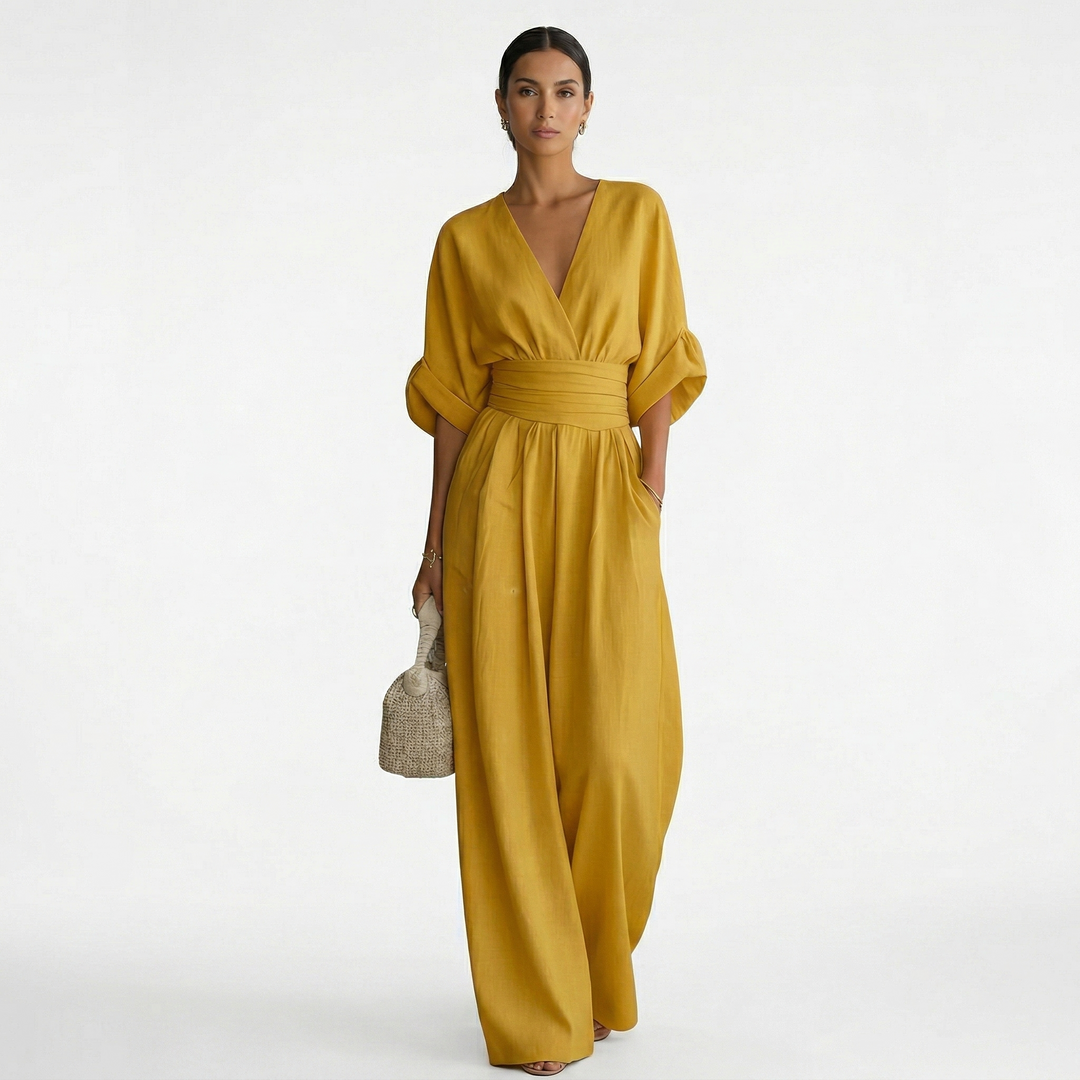 Women's Linen Jumpsuit Wide Leg with V Neck