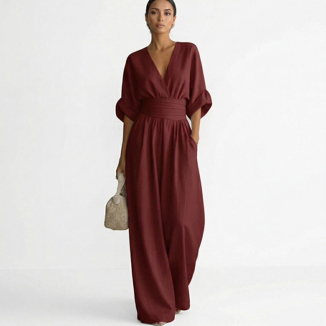 Women's Linen Jumpsuit Wide Leg with V Neck