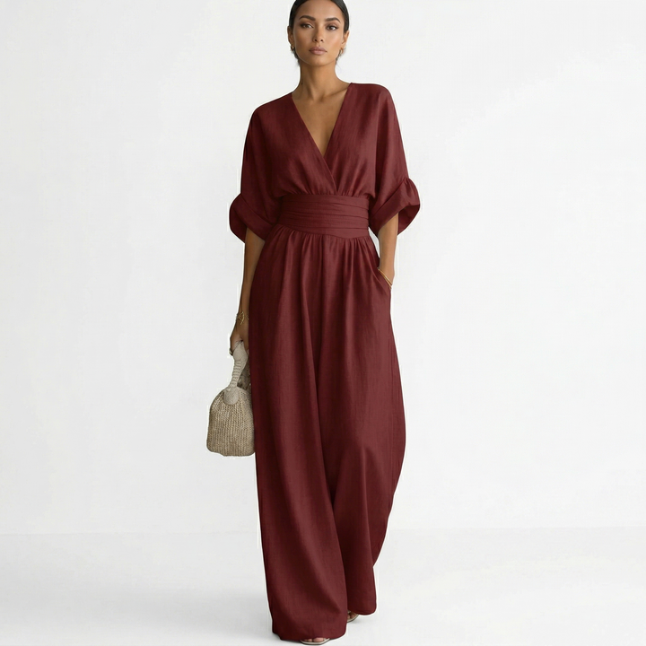Women's Linen Jumpsuit Wide Leg with V Neck