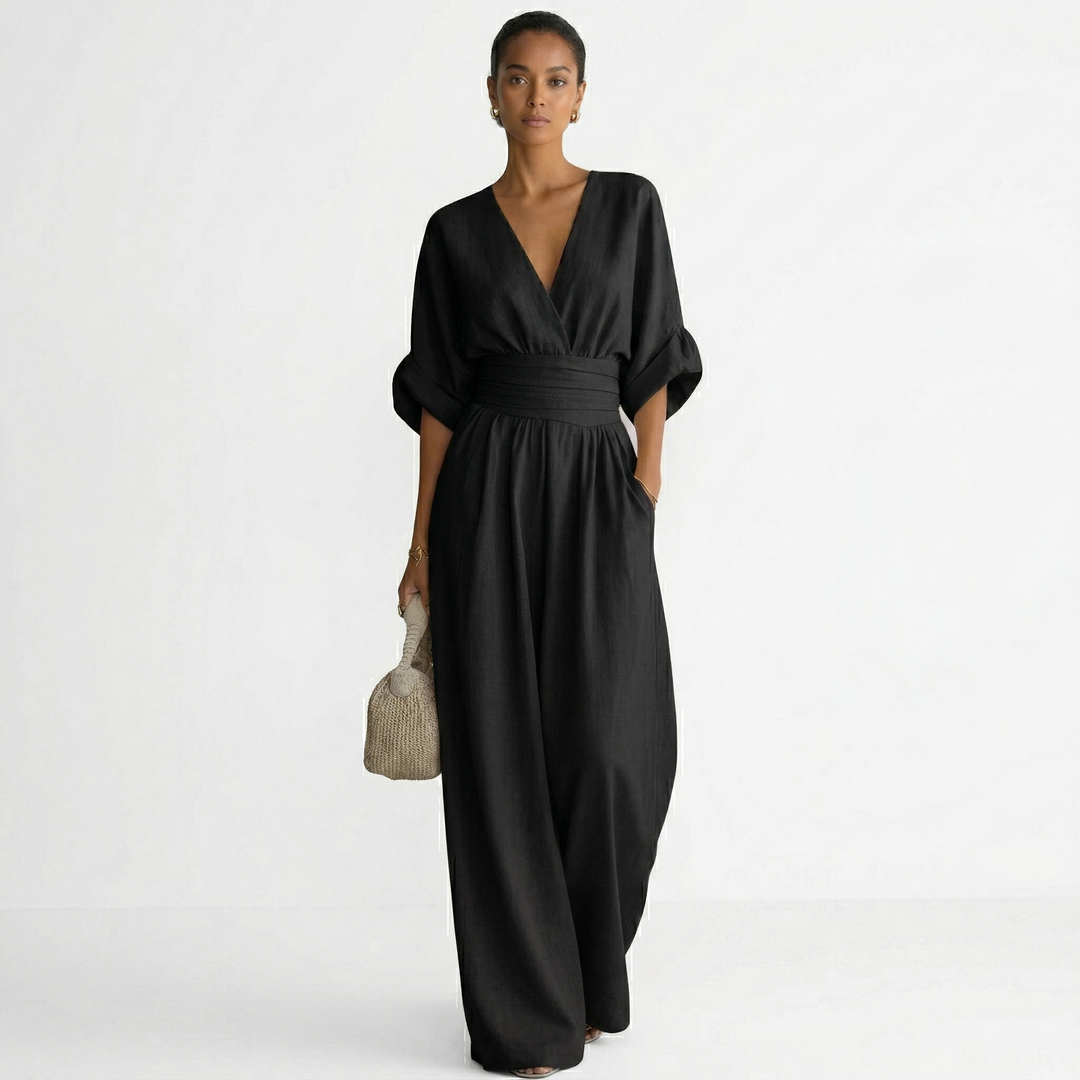 Women's Linen Jumpsuit Wide Leg with V Neck