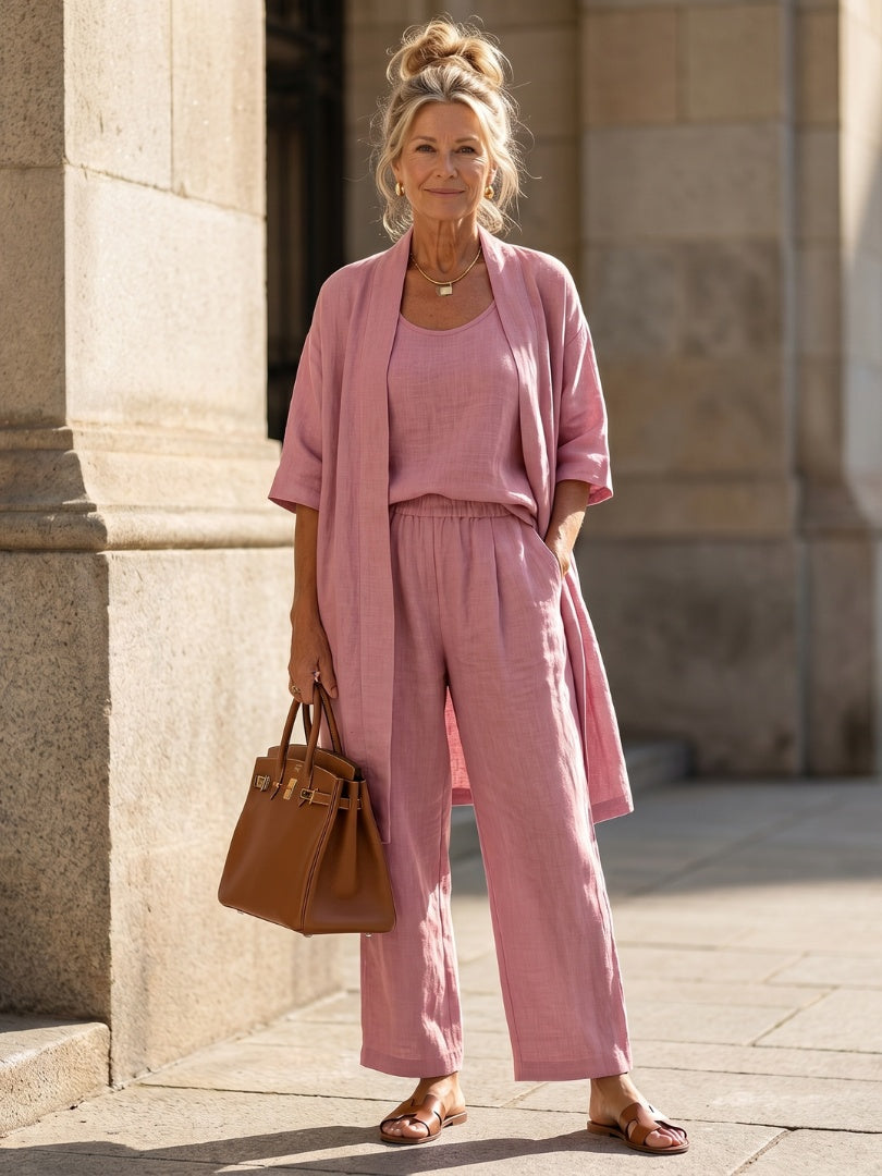Women's Linen-Look 3 Piece Co Ord Set with Wide Leg Pants