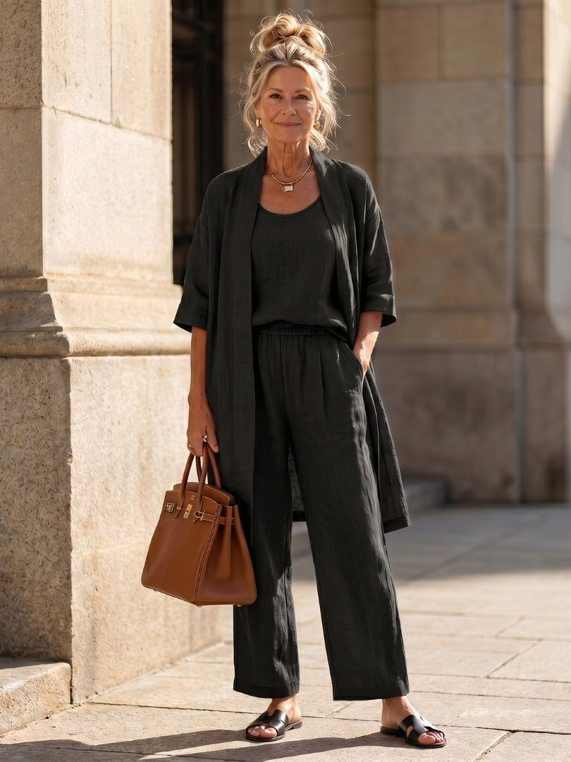 Women's Linen-Look 3 Piece Co Ord Set with Wide Leg Pants
