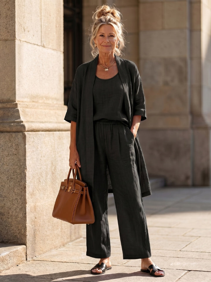 Women's Linen-Look 3 Piece Co Ord Set with Wide Leg Pants