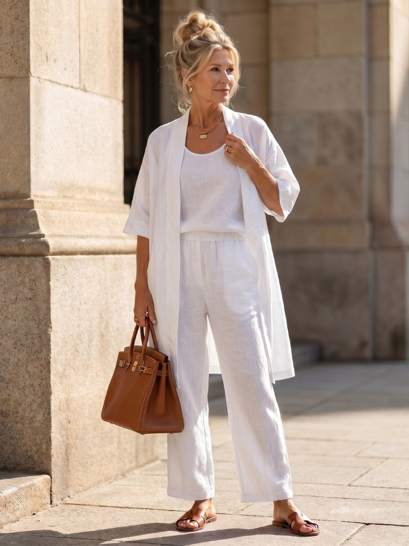 Women's Linen-Look 3 Piece Co Ord Set with Wide Leg Pants