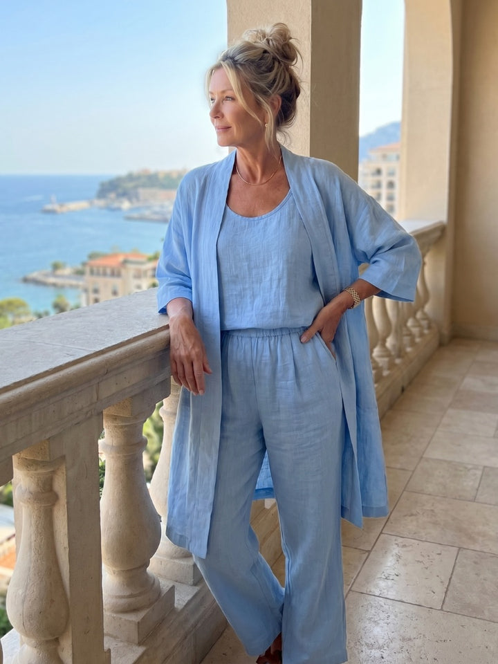 Women's Linen-Look 3 Piece Co Ord Set with Wide Leg Pants
