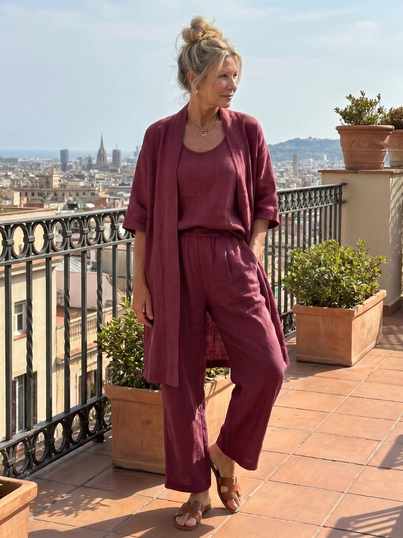 Women's Linen-Look 3 Piece Co Ord Set with Wide Leg Pants