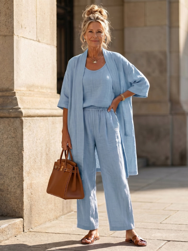 Women's Linen-Look 3 Piece Co Ord Set with Wide Leg Pants
