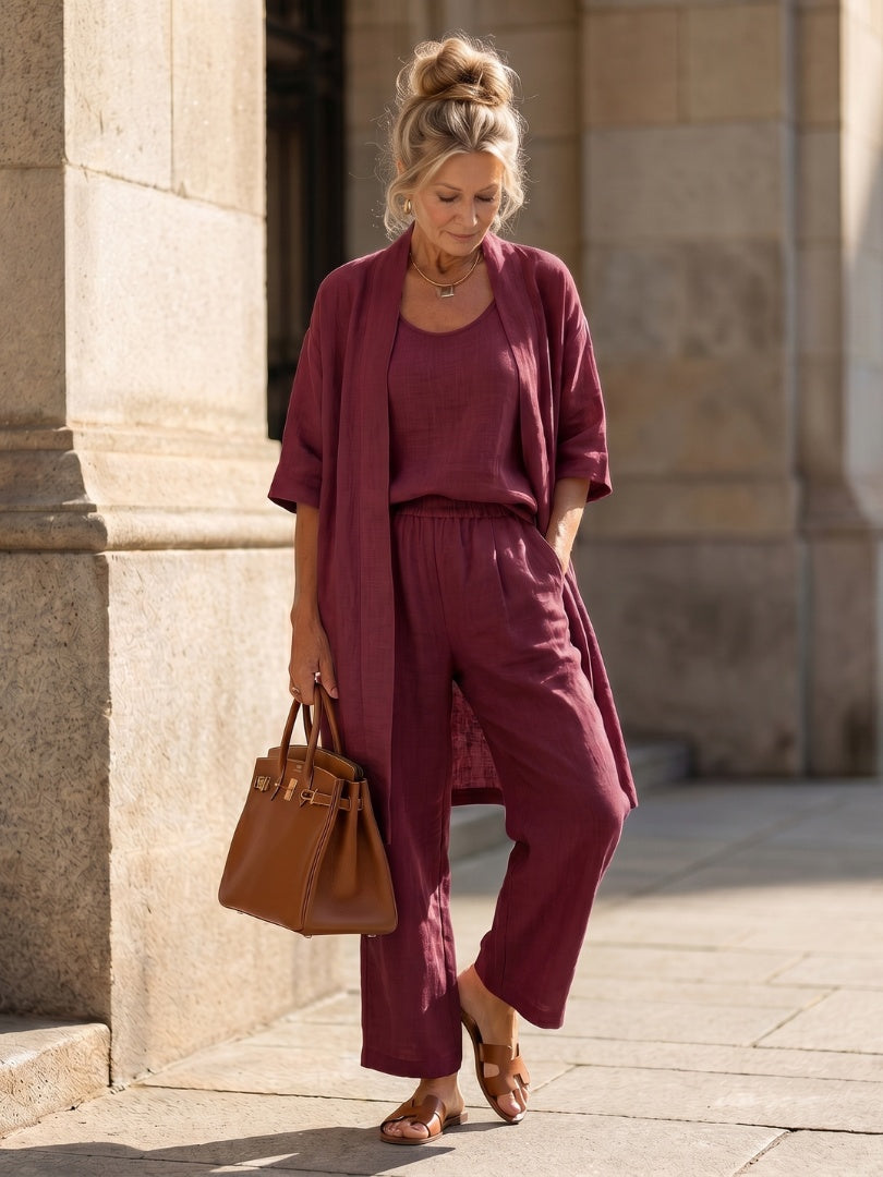 Women's Linen-Look 3 Piece Co Ord Set with Wide Leg Pants