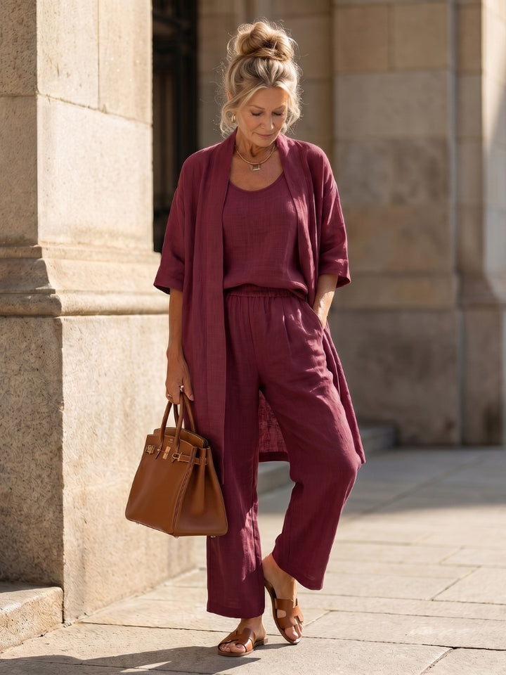 Women's Linen-Look 3 Piece Co Ord Set with Wide Leg Pants