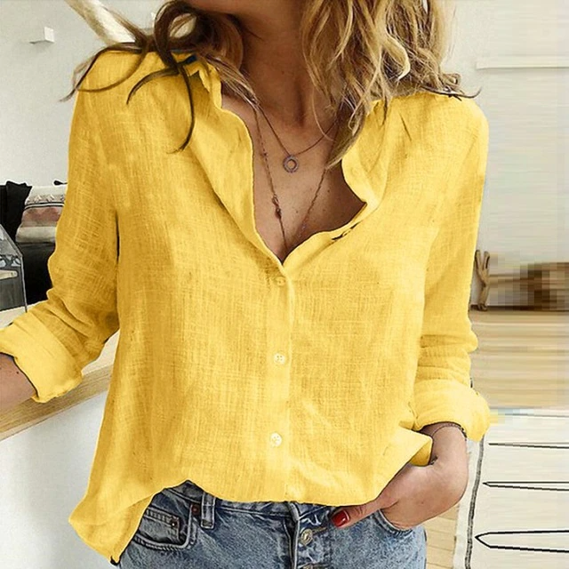 Women's Linen-Look Button Up Shirt Long Sleeve Blouse