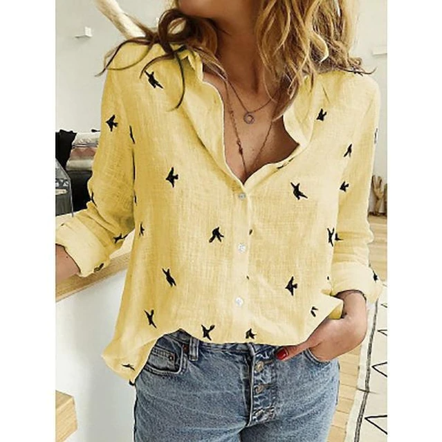 Women's Linen-Look Button Up Shirt Long Sleeve Blouse