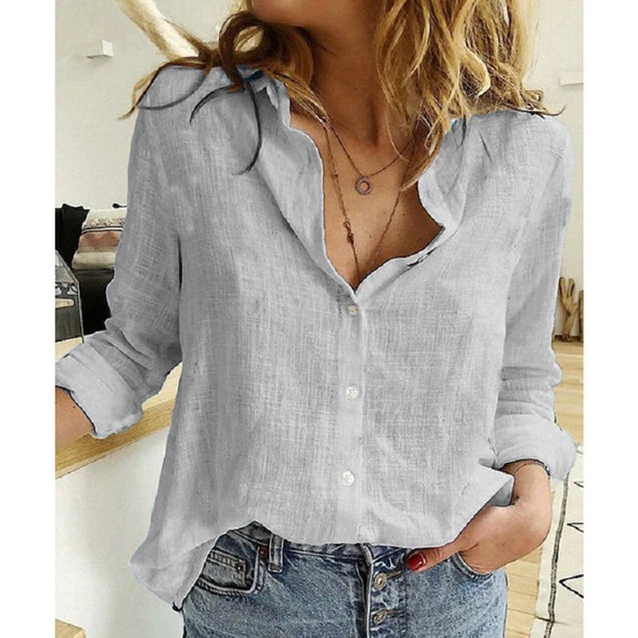 Women's Linen-Look Button Up Shirt Long Sleeve Blouse