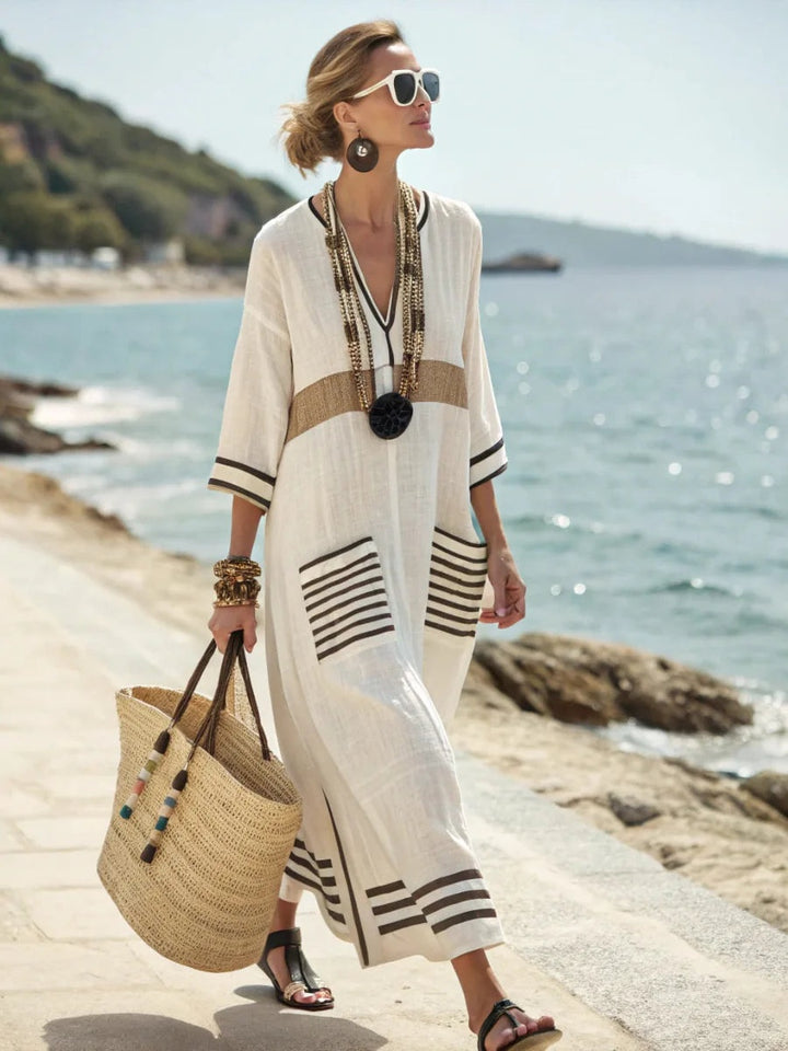 Women's Linen Look Maxi Dress with Striped Pockets