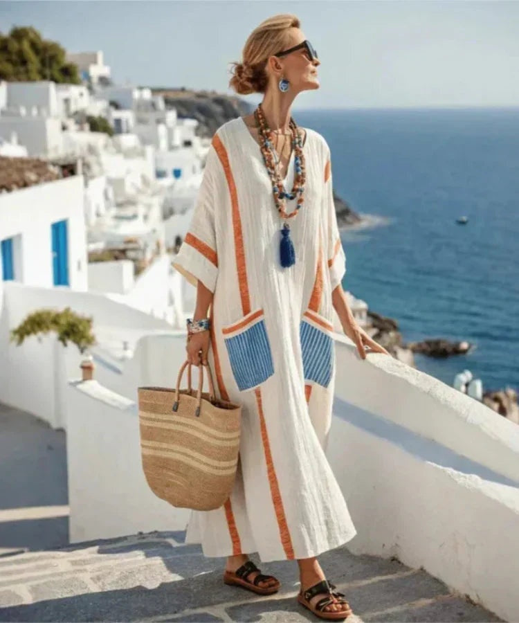 Women's Linen Look Maxi Dress with Striped Pockets