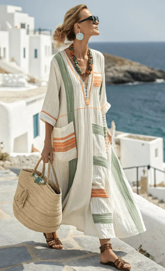Women's Linen Look Maxi Dress with Striped Pockets