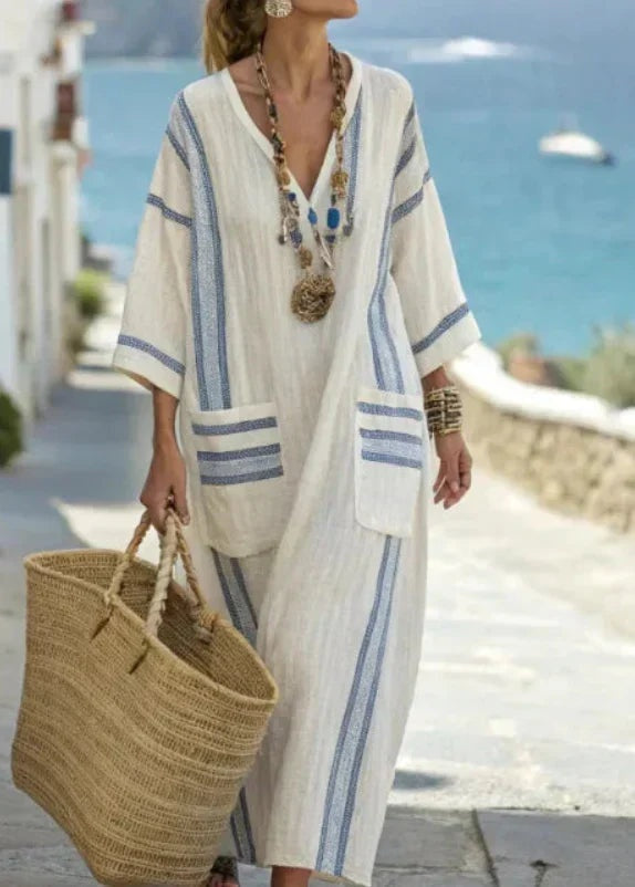 Women's Linen Look Maxi Dress with Striped Pockets