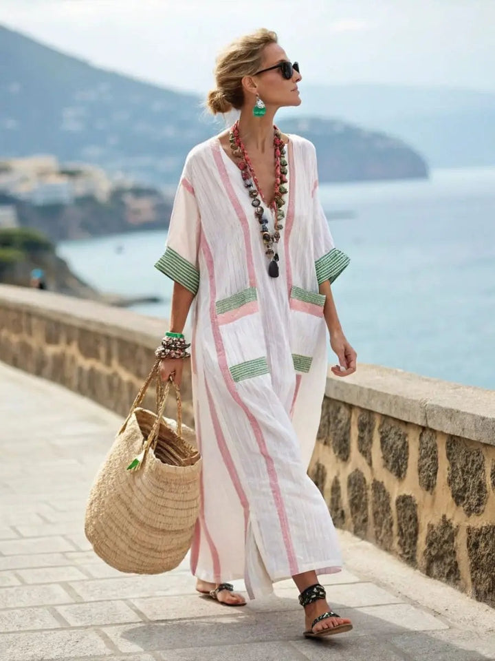 Women's Linen Look Maxi Dress with Striped Pockets