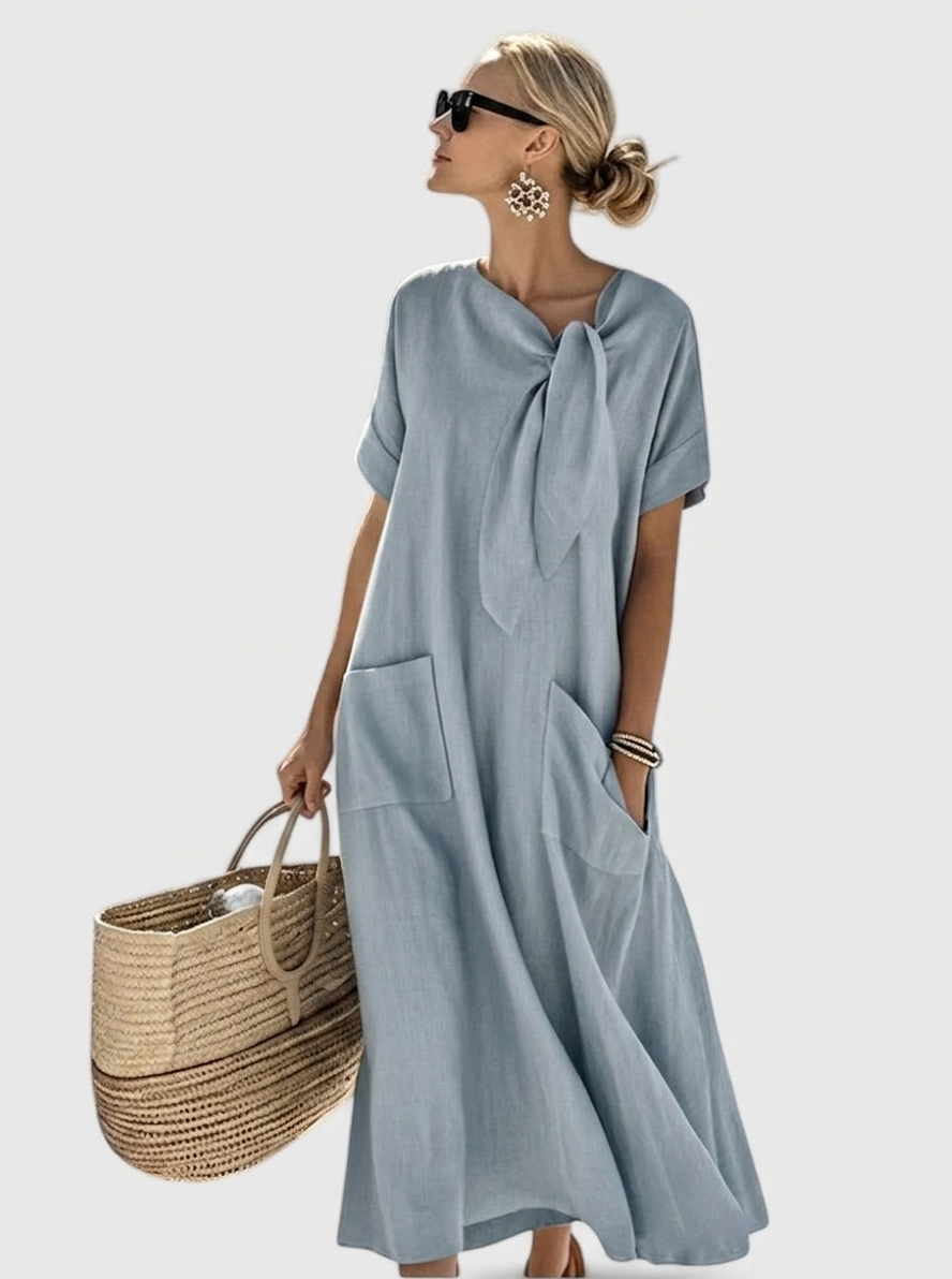 Women's Linen-Look Maxi Dress with Tie Neck and Pockets