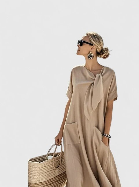 Women's Linen-Look Maxi Dress with Tie Neck and Pockets