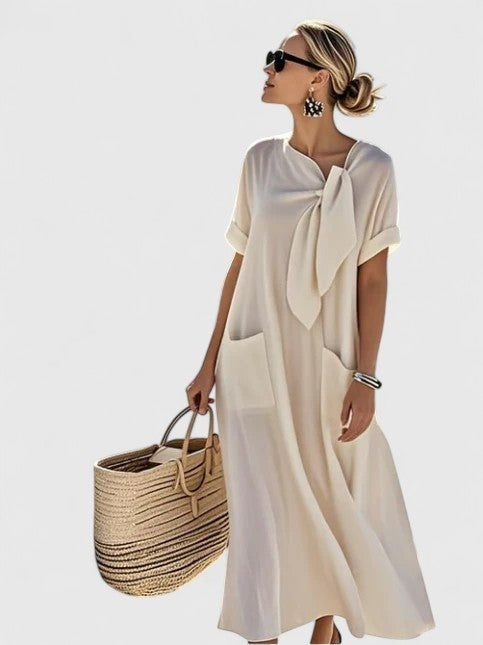 Women's Linen-Look Maxi Dress with Tie Neck and Pockets