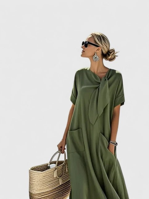 Women's Linen-Look Maxi Dress with Tie Neck and Pockets