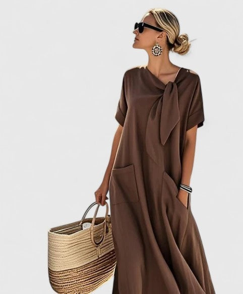 Women's Linen-Look Maxi Dress with Tie Neck and Pockets