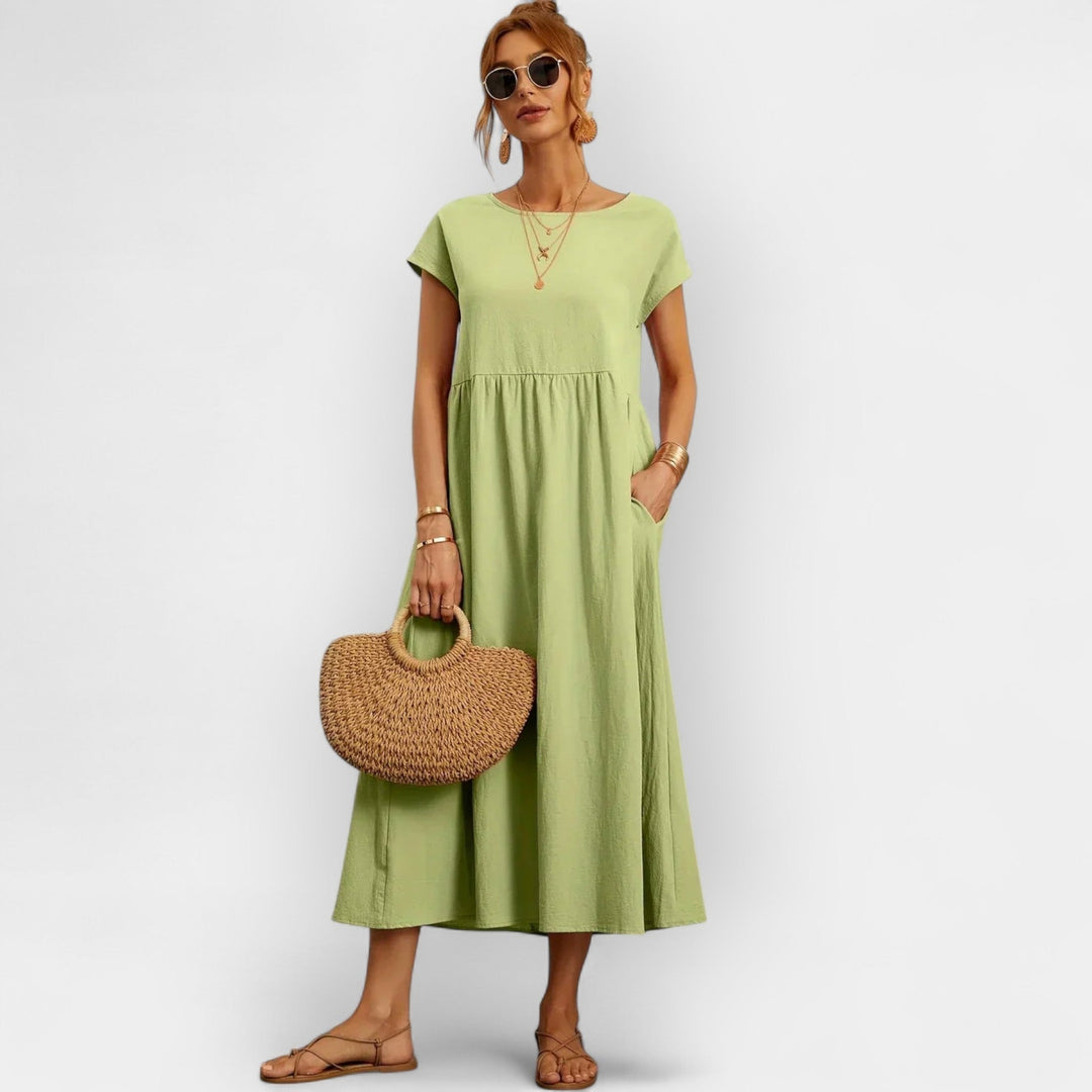 Women's Linen Look Midi Dress with Pockets