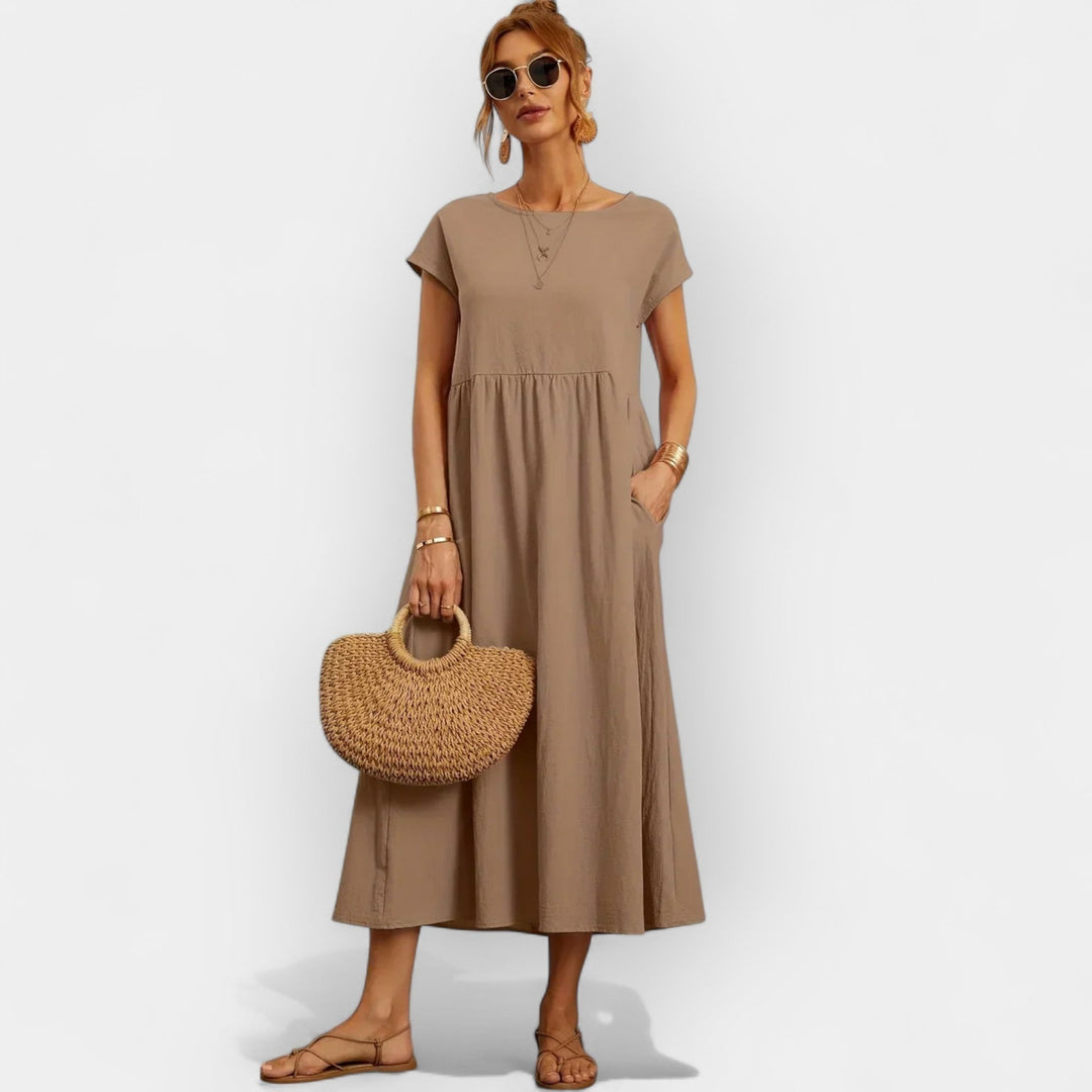 Women's Linen Look Midi Dress with Pockets