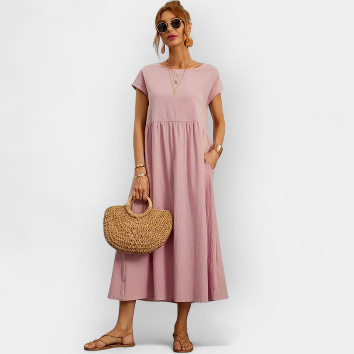 Women's Linen Look Midi Dress with Pockets