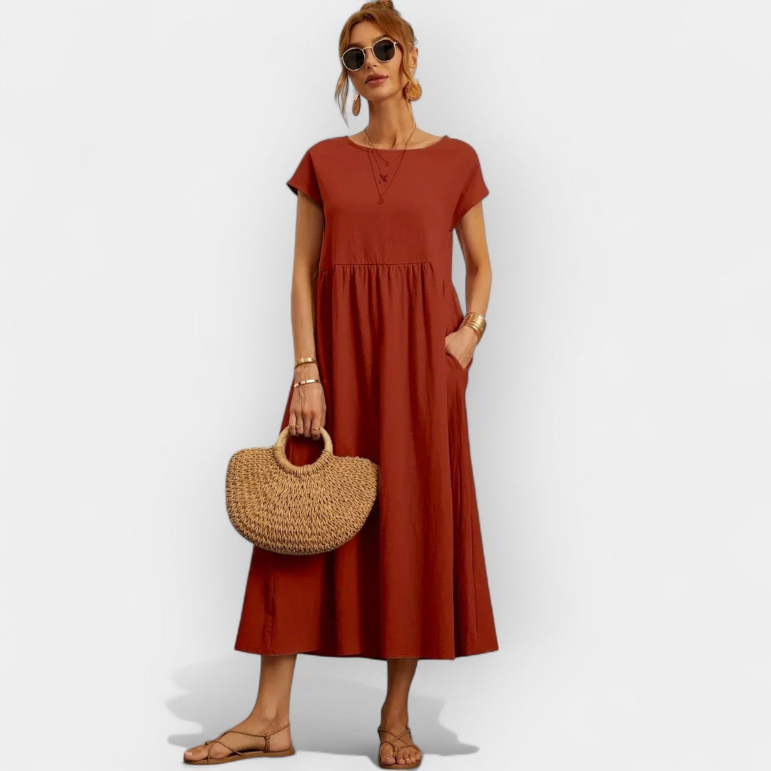 Women's Linen Look Midi Dress with Pockets