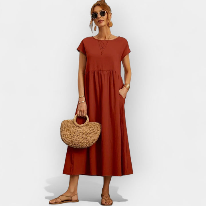 Women's Linen Look Midi Dress with Pockets
