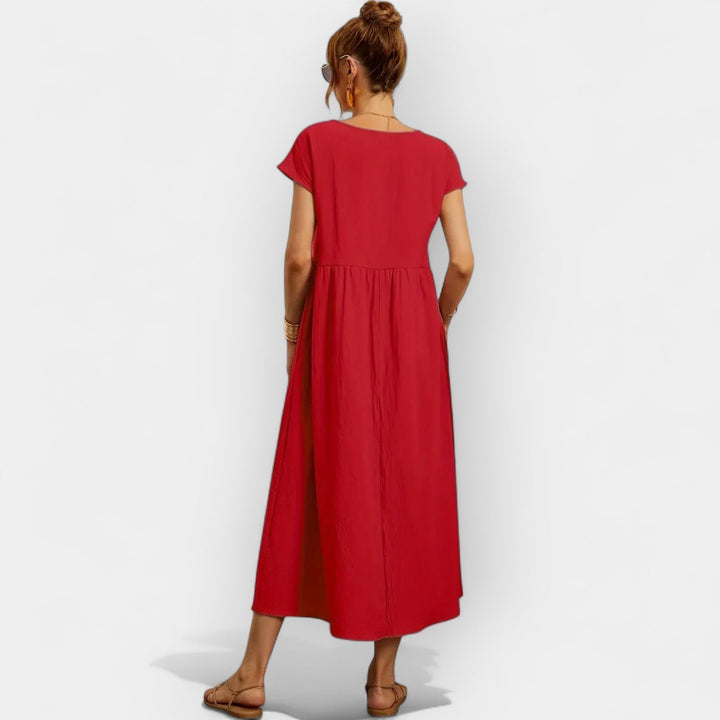 Women's Linen Look Midi Dress with Pockets