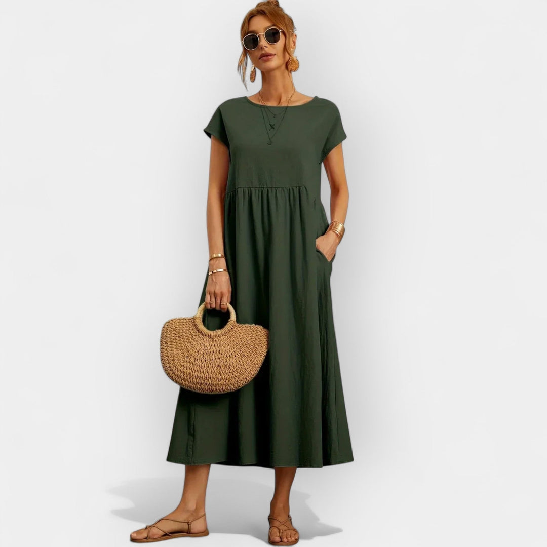 Women's Linen Look Midi Dress with Pockets