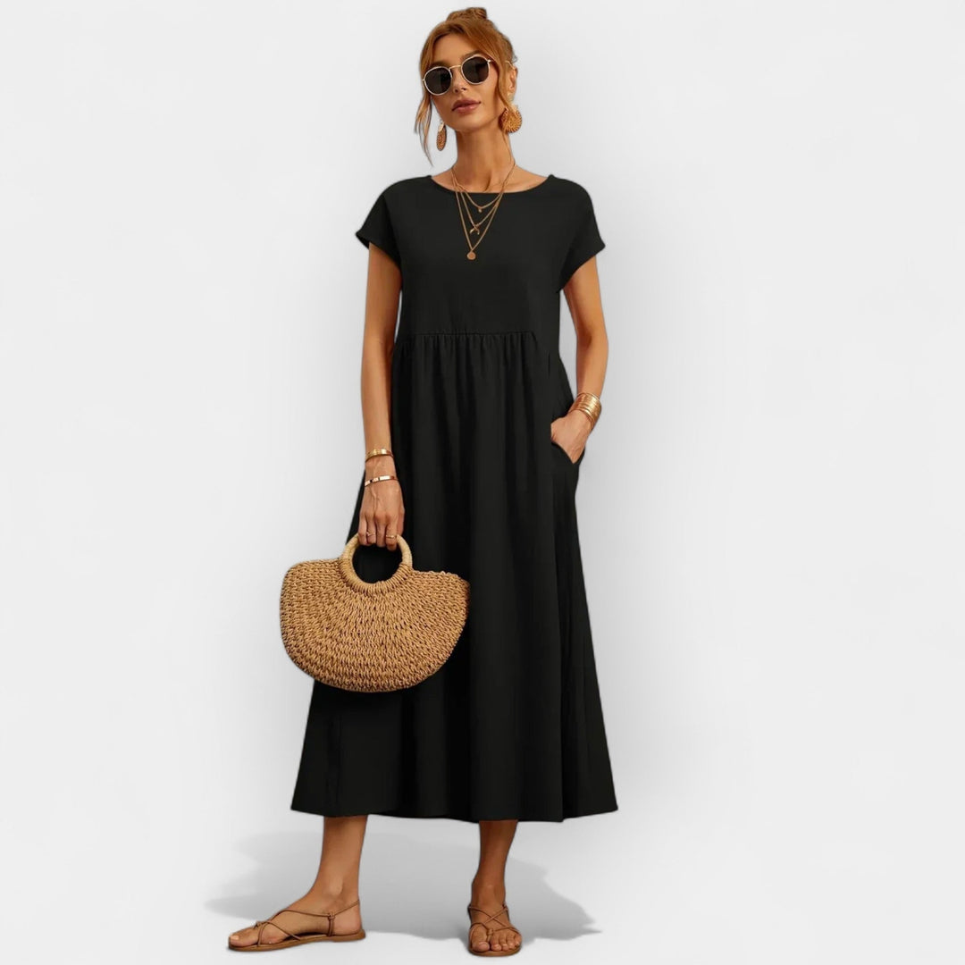 Women's Linen Look Midi Dress with Pockets