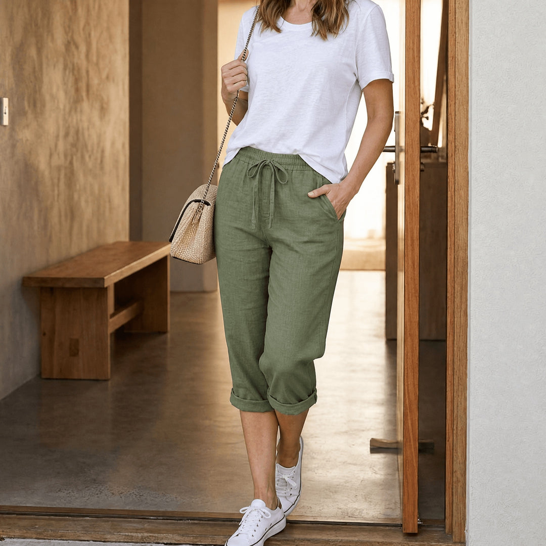Women's Linen-Look Summer Capri Pants with Drawstring Waist